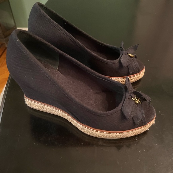 Tory Burch Shoes - Tory Burch Black Wedge Shoes with Bow Accent